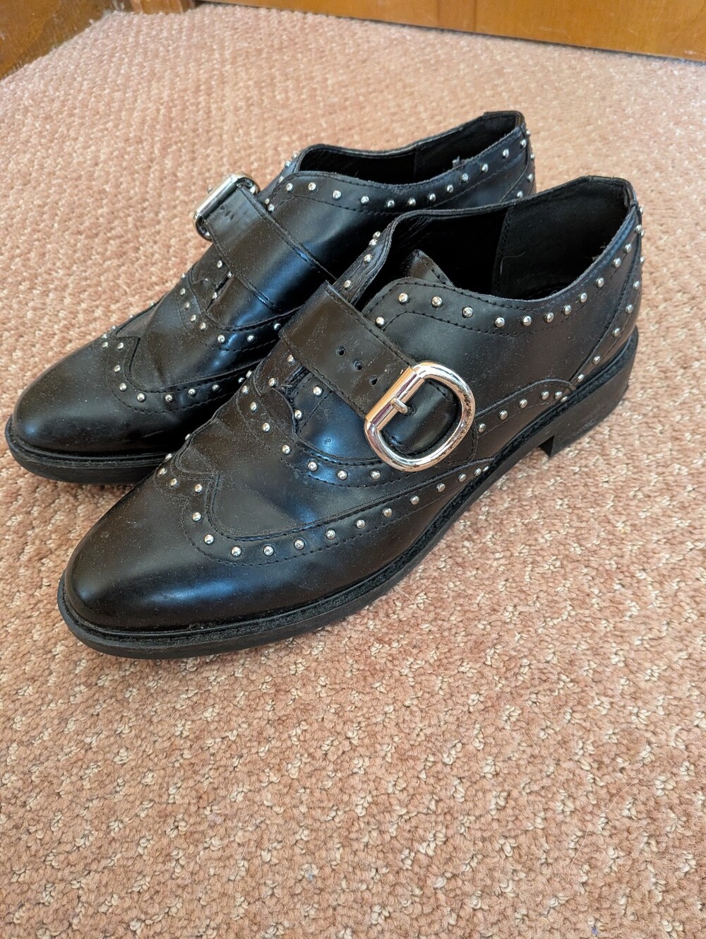 Womens Black Studded Buckle Dress Shoes - Classic Monk Strap Style